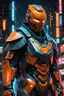 Placeholder: hockey mask, neon orange, robot, masterpiece, best quality, half body, portrait, night city, anime, 3D, Korea, pixar, realistic, robo cop, harajuku fashion style, rain coat, beautiful, colourful, neon lights, cyberpunk, illustration, by stanley artgerm lau, sideways glance, foreshortening, extremely detailed 8K, smooth, high resolution, ultra quality, highly details, glare, side view,