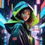 Placeholder: masterpiece, best quality, half body, portrait, night city, 1girl, anime, 3D, Japan, pixar, realistic, teen girl, smiling, cute face, harajuku fashion style, rain coat, beautiful, colourful, neon lights, cyberpunk, smooth skin, illustration, by stanley artgerm lau, sideways glance, foreshortening, extremely detailed 8K, smooth, high resolution, ultra quality, highly detail eyes, highly detail mouth, highly detailed face, perfect eyes, both eyes are the same, glare, Iridescent, JUSTROY logo