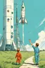 Placeholder: boy waving hand to his dad who is a cosmonaut getting ready to fly the rocket in ussr. the space rocket is visible in the distance. green grass, blue skies