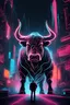 Placeholder: A huge bull through the neon city to a man. He looks at the man. The style of technology.