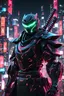 Placeholder: neon ninja robot, futuristic mask, best quality, 3D, half body, portrait, korea background, night city, 8k, neon katana