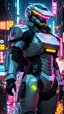 Placeholder: neon robot cop, masterpiece, best quality, half body, portrait, night city, anime, 3D, Korea, pixar, realistic, robo cop, harajuku fashion style, rain coat, beautiful, colourful, neon lights, cyberpunk, illustration, by stanley artgerm lau, sideways glance, foreshortening, extremely detailed 8K, smooth, high resolution, ultra quality, highly details, glare, side view, space suit