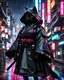 Placeholder: black cat samurai , masterpiece, best quality, half body, portrait, night city, anime, 3D, Korea, pixar, black cat samurai, harajuku fashion style, rain coat, beautiful, colorful, neon lights, cyberpunk, illustration, by NaokiSaito, sideways glance, foreshortening, extremely detailed 8K, smooth, high resolution, ultra quality, highly details, glare, side view,