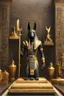 Placeholder: "Generate a detailed portrayal of Anubis, the Egyptian God of the Afterlife, focusing on his distinctive jackal-headed appearance, weighing scales, and ankh. Highlight Anubis' role in guiding souls through the judgment process and his significance in ancient Egyptian funerary rites."