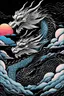 Placeholder: a silver dragon on a black background with a sunrise in the background, a silk screen by Sōami, reddit contest spring, synchromism, anime aesthetic, sky background, vaporwave