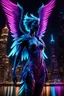 Placeholder: In a mesmerizing image that combines the elements of fantasy and reality, a striking neon-lit bioluminescent harpy takes center stage against the backdrop of an urban geometry photograph. With impeccable artistry, the image captures the ethereal essence of the harpy, showcasing its radiant feathers shimmering in vivid hues, as if emitting their own otherworldly glow. The composition, whether a photograph or a painting, exudes a remarkable level of detail and precision, elevating the viewer's exp