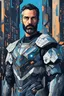 Placeholder: A handsome, charismatic man in his early 40s with dark gray hair and beard, piercing blue eyes and wearing space knight armor. He exudes an air of mystery and hope against a retro-futuristic city backdrop. The artwork is pixelated.