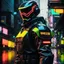 Placeholder: neon robot cop, masterpiece, best quality, half body, portrait, night city, anime, 3D, Korea, pixar, realistic, robo cop, harajuku fashion style, rain coat, beautiful, colourful, neon lights, cyberpunk, illustration, by stanley artgerm lau, sideways glance, foreshortening, extremely detailed 8K, smooth, high resolution, ultra quality, highly details, glare, side view, wide portrait posture