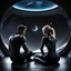 Placeholder: A realistic very dark photo from the back of the shadow of a brunette 18-year-old boy and an 18-year-old blonde girl sitting together on the floor of a very dark futuristic room, wearing sci-fi tight suits, the girl's head rests on the boy's shoulder. In the background, of a round window with views of a far planet earth from space, hyperrealistic, hyperdetailed, 8k