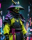 Placeholder: samurai man, masterpiece, best quality, half body, portrait, night city, anime, 3D, Korea, pixar, realistic, robo samurai, harajuku fashion style, mask with neon lights, rain coat, beautiful, colorful, neon lights, cyberpunk, illustration, by Stanley artgerm lau, sideways glance, foreshortening, extremely detailed 8K, smooth, high resolution, ultra quality, highly details, glare, side view,