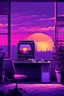 Placeholder: computer back from viewers perspective in a perfect moment looking at the sunset of a berlin, the sunset is 70`s. New retro wave type artstyle, a lot of purple and vibrant colors