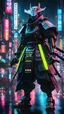 Placeholder: neon robot samurai, masterpiece, best quality, half body, portrait, night city, anime, 3D, Korea, pixar, realistic, robo cop, harajuku fashion style, rain coat, beautiful, colourful, neon lights, cyberpunk, illustration, by stanley artgerm lau, sideways glance, foreshortening, extremely detailed 8K, smooth, high resolution, ultra quality, highly details, glare, side view,