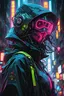 Placeholder: mask, neon, robot, masterpiece, best quality, half body, portrait, night city, anime, 3D, Korea, pixar, realistic, robo cop, harajuku fashion style, rain coat, beautiful, colourful, neon lights, cyberpunk, illustration, by stanley artgerm lau, sideways glance, foreshortening, extremely detailed 8K, smooth, high resolution, ultra quality, highly details, glare, side view,