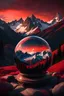 Placeholder: towering mountains through a crystal ball, and the red sunset was about to fall, clouds in the sky were dyed red