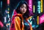 Placeholder: neon Chinese teen, masterpiece, best quality, half body, portrait, night city, 1girl, anime, 3D, Korea, pixar, realistic, teen girl, smiling, cute face, harajuku fashion style, rain coat, beautiful, colourful, neon lights, cyberpunk, smooth skin, illustration, by stanley artgerm lau, sideways glance, foreshortening, extremely detailed 8K, smooth, high resolution, ultra quality, highly detail eyes, highly detail mouth, highly detailed face, perfect eyes, both eyes are the same, glare, short hair