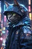 Placeholder: dark blue cat robot , masterpiece, best quality, half body, portrait, night city, anime, 3D, China, pixar, realistic, robo cop, rain coat, beautiful, colourful, dark blue lights, cyberpunk, illustration, sideways glance, foreshortening, extremely detailed 8K, smooth, high resolution, ultra quality, highly details, glare, side view , black dark blue color