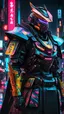 Placeholder: neon robot samurai, masterpiece, best quality, half body, portrait, night city, anime, 3D, Japan, pixar, realistic, robo cop, harajuku fashion style, rain coat, beautiful, colourful, neon lights, cyberpunk, illustration, by stanley artgerm lau, sideways glance, foreshortening, extremely detailed 8K, smooth, high resolution, ultra quality, highly details, glare, side view,