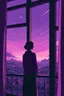 Placeholder: Woman looking at the purple sky through the window