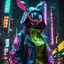 Placeholder: neon robotic bunny, fully masked, masterpiece, best quality, half body, portrait, night city, anime, 3D, Korean, pixar, realistic, robo cop, harajuku fashion style, rain coat, beautiful, colourful, neon lights, cyberpunk, illustration, by stanley artgerm lau, sideways glance, foreshortening, extremely detailed 8K, smooth, high resolution, ultra quality, highly details, glare, side view,