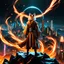 Placeholder: kitsune jedi on a mountain looking over a burning cyber punk cryptocurrency city, hyper realistic, best quality, high quality, 8k