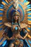 Placeholder: A tan skin aztec female all blue and gold elaborate outfit, with huge headpiece center piece,blue/gold makeup with oversized headdress with long bird feathers, with depth of field, fantastical edgy and regal themed outfit, captured in vivid colors, embodying the essence of fantasy, minimalist