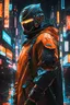 Placeholder: hockey mask, neon orange, robot, masterpiece, best quality, half body, portrait, night city, anime, 3D, Korea, pixar, realistic, robo cop, harajuku fashion style, rain coat, beautiful, colourful, neon lights, cyberpunk, illustration, by stanley artgerm lau, sideways glance, foreshortening, extremely detailed 8K, smooth, high resolution, ultra quality, highly details, glare, side view,