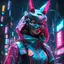 Placeholder: neon robotic usagi, fully masked, masterpiece, best quality, half body, portrait, night city, anime, 3D, Korean, pixar, realistic, robo cop, harajuku fashion style, rain coat, beautiful, colourful, neon lights, cyberpunk, illustration, by stanley artgerm lau, sideways glance, foreshortening, extremely detailed 8K, smooth, high resolution, ultra quality, highly details, glare, side view,