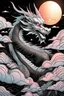 Placeholder: a silver dragon on a black background with a sunrise in the background, a silk screen by Sōami, reddit contest spring, synchromism, anime aesthetic, sky background, vaporwave