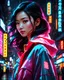 Placeholder: neon Chinese teen, masterpiece, best quality, half body, portrait, night city, 1girl, anime, 3D, Korea, pixar, realistic, teen girl, smiling, cute face, harajuku fashion style, rain coat, beautiful, colourful, neon lights, cyberpunk, smooth skin, illustration, by stanley artgerm lau, sideways glance, foreshortening, extremely detailed 8K, smooth, high resolution, ultra quality, highly detail eyes, highly detail mouth, highly detailed face, perfect eyes, both eyes are the same, glare, short hair