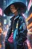 Placeholder: Brook, iconic character in anime onepiece, masterpiece, best quality, half body, portrait, night city, anime, 3D, Korea, pixar, realistic, robo cop, harajuku fashion style, rain coat, beautiful, colourful, neon lights, cyberpunk, illustration, by stanley artgerm lau, sideways glance, foreshortening, extremely detailed 8K, smooth, high resolution, ultra quality, highly details, glare, side view,