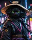 Placeholder: black cat samurai , masterpiece, best quality, half body, portrait, night city, anime, 3D, Korea, pixar, black cat samurai, harajuku fashion style, straw hat, beautiful, colorful, neon lights, cyberpunk, illustration, by NaokiSaito, sideways glance, foreshortening, extremely detailed 8K, smooth, high resolution, ultra quality, highly details, glare, side view,