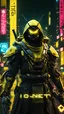 Placeholder: "io.net" logo, bee robo soldier, samurai sword hands, realistic 8k, ultra realistic, neon colorfull city, bacround, neon yellow light, neon yellow, robo soldier, cloak yellow