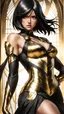 Placeholder: Mikasa Ackerman in a detailed intricate gold and black dress, by artgerm, 8k, stunning intricate details