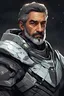 Placeholder: Portrait of a space knight, he is a very handsome man in his mid 40's, he has dark gray hair and beard, and looks mysterious and hopeful. Make the art pixelated and retro-futuristic.