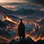 Placeholder: man on a mountain looking over a burning city, hyper realistic, best quality