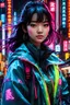 Placeholder: neon Chinese teen, best quality, half body, portrait, night city, 1girl, anime, 3D, Japan, pixar, realistic, teen girl, smiling, cute face, harajuku fashion style, rain coat, beautiful, colourful, neon lights, cyberpunk, smooth skin, illustration, by stanley artgerm lau, sideways glance, foreshortening, extremely detailed 8K, smooth, high resolution, ultra quality, highly detail eyes, highly detail mouth, highly detailed face, perfect eyes, both eyes are the same, glare, model