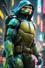 Placeholder: ninja turtle, neon robot cop, masterpiece, best quality, half body, portrait, night city, anime, 3D, Korea, pixar, realistic, robo cop, harajuku fashion style, rain coat, beautiful, colourful, neon lights, cyberpunk, illustration, by stanley artgerm lau, sideways glance, foreshortening, extremely detailed 8K, smooth, high resolution, ultra quality, highly details, glare, side view,