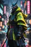 Placeholder: samurai man, masterpiece, best quality, half body, portrait, night city, anime, 3D, Korea, pixar, realistic, robo samurai, harajuku fashion style, mask with neon lights, rain coat, beautiful, colorful, neon lights, cyberpunk, illustration, by Stanley artgerm lau, sideways glance, foreshortening, extremely detailed 8K, smooth, high resolution, ultra quality, highly details, glare, side view,