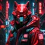 Placeholder: neon red robot cop, wolf head jacket, masterpiece, best quality, half body, portrait, night city, anime, 3D, Korea, pixar, realistic, robo cop, harajuku fashion style, rain coat, beautiful, colourful, neon lights, cyberpunk, illustration, by stanley artgerm lau, sideways glance, foreshortening, extremely detailed 8K, smooth, high resolution, ultra quality, highly details, glare, side view,