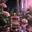 Placeholder: there is a pink lipstick and a glass bottle of perfume,flowers and plants in the background,water and reflections on the ground,golden mean,medium long shot,depth of field,3D render