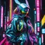 Placeholder: neon robotic usagi, fully masked, masterpiece, best quality, half body, portrait, night city, anime, 3D, Korean, pixar, realistic, robo cop, harajuku fashion style, rain coat, beautiful, colourful, neon lights, cyberpunk, illustration, by stanley artgerm lau, sideways glance, foreshortening, extremely detailed 8K, smooth, high resolution, ultra quality, highly details, glare, side view,