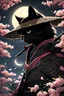 Placeholder: black cat samurai, masterpiece, best quality, half body, night with full moon, pixar style, samurai, straw hat, cherry blossom petals, beautiful, colorful, illustration, by NaokiSaito, sideways glance, foreshortening, smooth, high resolution, ultra quality, highly details, glare, side view,