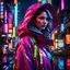 Placeholder: neon Russian woman, masterpiece, best quality, half body, portrait, night city, 1girl, 3D, pixar, realistic, teen girl, smiling, cute face, harajuku fashion style, rain coat, beautiful, colourful, neon lights, cyberpunk, smooth skin, illustration, sideways glance, foreshortening, extremely detailed 8K, smooth, high resolution, ultra quality, highly detail eyes, highly detail mouth, highly detailed face, perfect eyes, both eyes are the same, glare, Iridescent