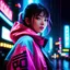 Placeholder: masterpiece, best quality, half body, portrait, night city, 1girl, anime, 3D, Japan, pixar, realistic, teen girl, smiling, cute face, harajuku fashion style, rain coat, beautiful, colourful, neon lights, cyberpunk, smooth skin, illustration, by stanley artgerm lau, sideways glance, foreshortening, extremely detailed 8K, smooth, high resolution, ultra quality, highly detail eyes, highly detail mouth, highly detailed face, perfect eyes, both eyes are the same, glare, Iridescent, Global illuminatio