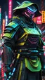 Placeholder: neon robot samurai, masterpiece, best quality, half body, portrait, night city, anime, 3D, Korea, pixar, realistic, robo cop, harajuku fashion style, rain coat, beautiful, colourful, neon lights, cyberpunk, illustration, by stanley artgerm lau, sideways glance, foreshortening, extremely detailed 8K, smooth, high resolution, ultra quality, highly details, glare, side view,