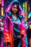 Placeholder: neon arabian teen, best quality, half body, portrait, night city, 1girl, anime, 3D, Dubai, pixar, realistic, teen girl, smiling, cute face, harajuku fashion style, rain coat, beautiful, colourful, neon lights, cyberpunk, smooth skin, illustration, by stanley artgerm lau, sideways glance, foreshortening, extremely detailed 8K, smooth, high resolution, ultra quality, highly detail eyes, highly detail mouth, highly detailed face, perfect eyes, both eyes are the same, glare, model, DUBAI skyskrapers