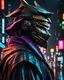 Placeholder: samurai man, masterpiece, best quality, half body, portrait, night city, anime, 3D, Korea, pixar, realistic, robo samurai, harajuku fashion style, mask with neon lights, rain coat, beautiful, colorful, neon lights, cyberpunk, illustration, by Stanley artgerm lau, sideways glance, foreshortening, extremely detailed 8K, smooth, high resolution, ultra quality, highly details, glare, side view,