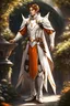 Placeholder: full body drawing of a sci fi high elf, space, palace, white cybernetic leather royal outfit with orange and brown trim, elf, male, handsome, 25 years old, brown hair, standing in a garden