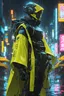 Placeholder: neon black yellow robot assasin, masterpiece, best quality, half body, portrait, night city, anime, 3D, Korea, pixar, realistic, robo cop, harajuku fashion style, rain coat, beautiful, colourful, neon lights, cyberpunk, illustration, by stanley artgerm lau, sideways glance, foreshortening, extremely detailed 8K, smooth, high resolution, ultra quality, highly details, glare, side view