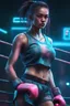 Placeholder: detailed portrait Neon boxer Brazilian Girl, cyberpunk futuristic neon, reflective crop top and shorts, boxing gloves, decorated with traditional Japanese ornaments by Ismail inceoglu dragan bibin hans thoma greg rutkowski Alexandros Pyromallis Nekro Rene Maritte Illustrated, Perfect face, fine details, realistic shaded, fine-face, pretty face